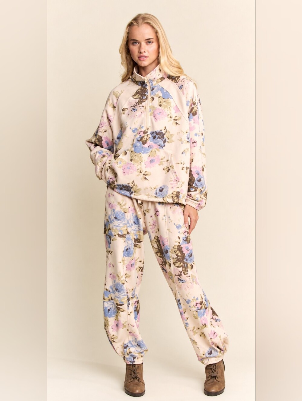 Davi & Dani Floral Quarter-Zip Pullover & Jogger 2-Piece Set Size Small NWT